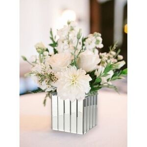 Johana Mirrored Glass Cube Vase Silver Planter Flower Pot Makeup Holder 6.5”
